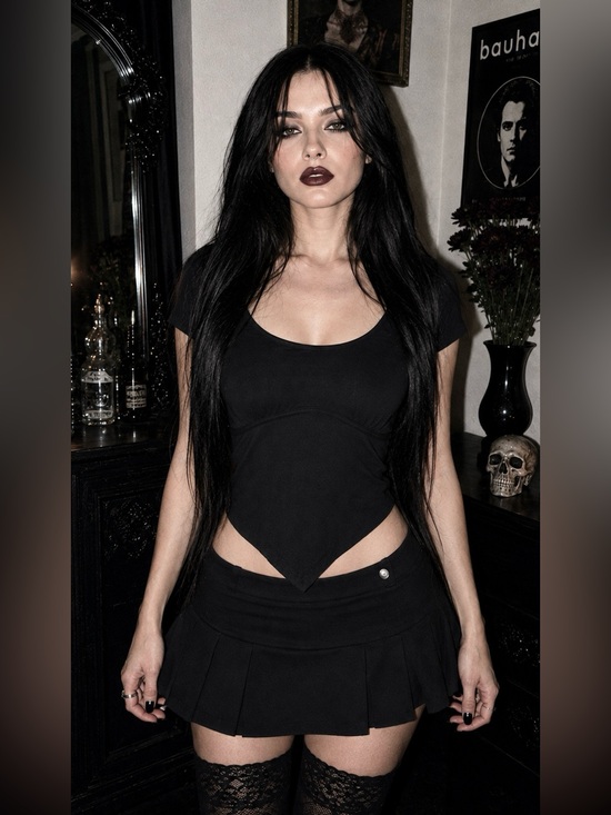 Dolls Kill Tops - Black Gothic Hem Front Detail Essential Stylish Crop Top- Women’s